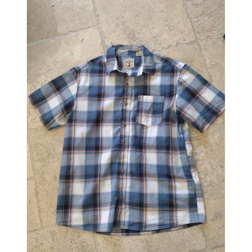 Red Head Button Up‎ Shirt Men L Blue Plaid Short Sleeve Textured Outdoors Casual - Picture 2 of 8